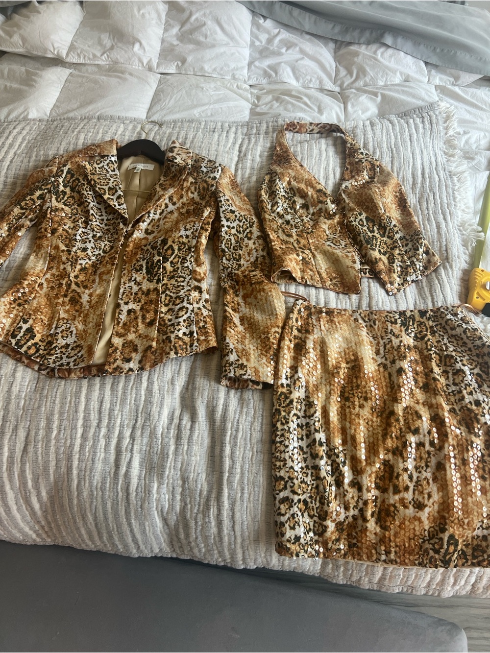 Vintage Escada Leopard silk lined Sequin 3-Piece skirt suit set size 34